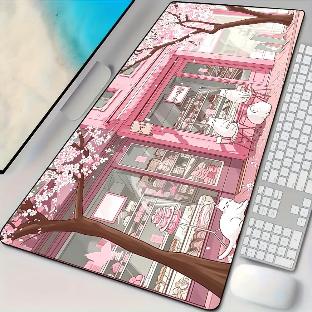 Gaming Accessories Shop - แผ่นรองเมาส์ลายแมวขาวและร้านขนมหวาน แผ่นรองโต๊ะคอมพิวเตอร์ขนาดใหญ่ พรมสำนักงาน XXL แผ่นรองเมาส์สำหรับเกมเมอร์ อุปกรณ์เสริมคอมพิวเตอร์สำหรับเล่นเกม
