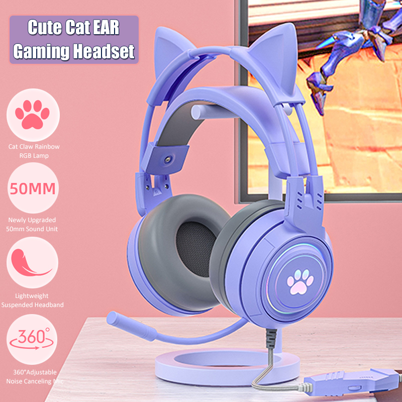 Gaming Accessories For Kids - ชุดหูฟังสำหรับเด็กผู้หญิงสีชมพู, Headphone GAMING หูแมวน่ารักพร้อมไมค์ลดเสียงรบกวน RGB อุปกรณ์เสริมสำหรับ